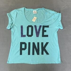 Victoria's Secret PINK Shirt Womens Small Blue LOVE PINK Graphic Tee Lightweight